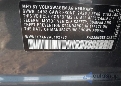 2010 Volkswagen Passat Komfort из США, поврежденный, VIN WVWJK7AN2AE162783